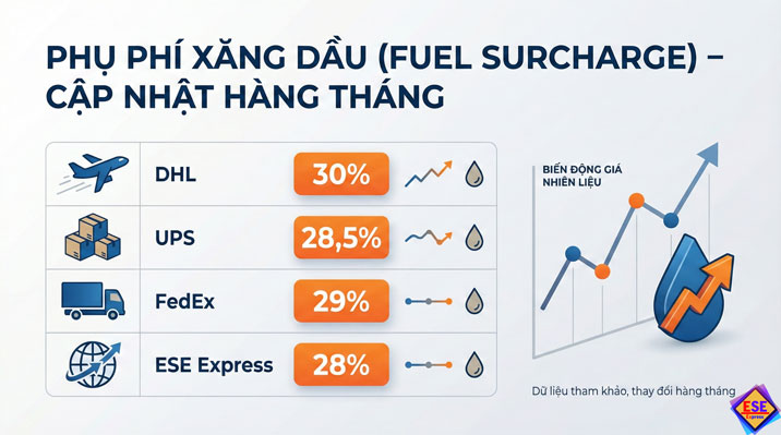 Phụ phí xăng dầu FedEx, UPS, DHL & ESE Express (Cập nhật hàng tháng)
